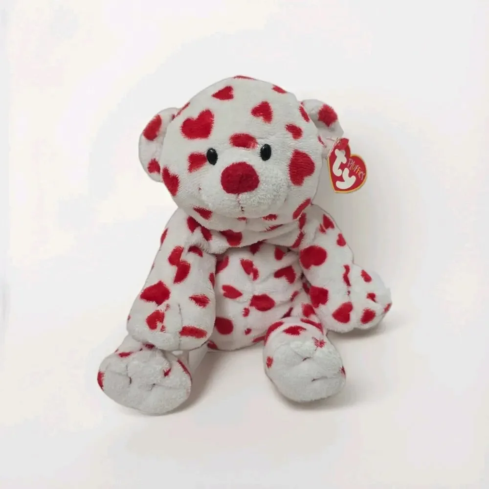 Ty Pluffies Dreamsy Bear 2007 Tylux White W/Red Hearts Valentines Day Plush Tags